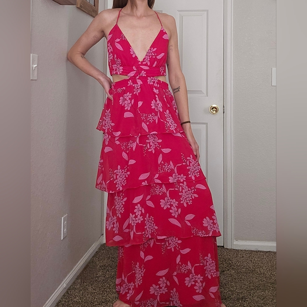 Express Floral Maxi Dress in Hot Pink with Light Pink Print